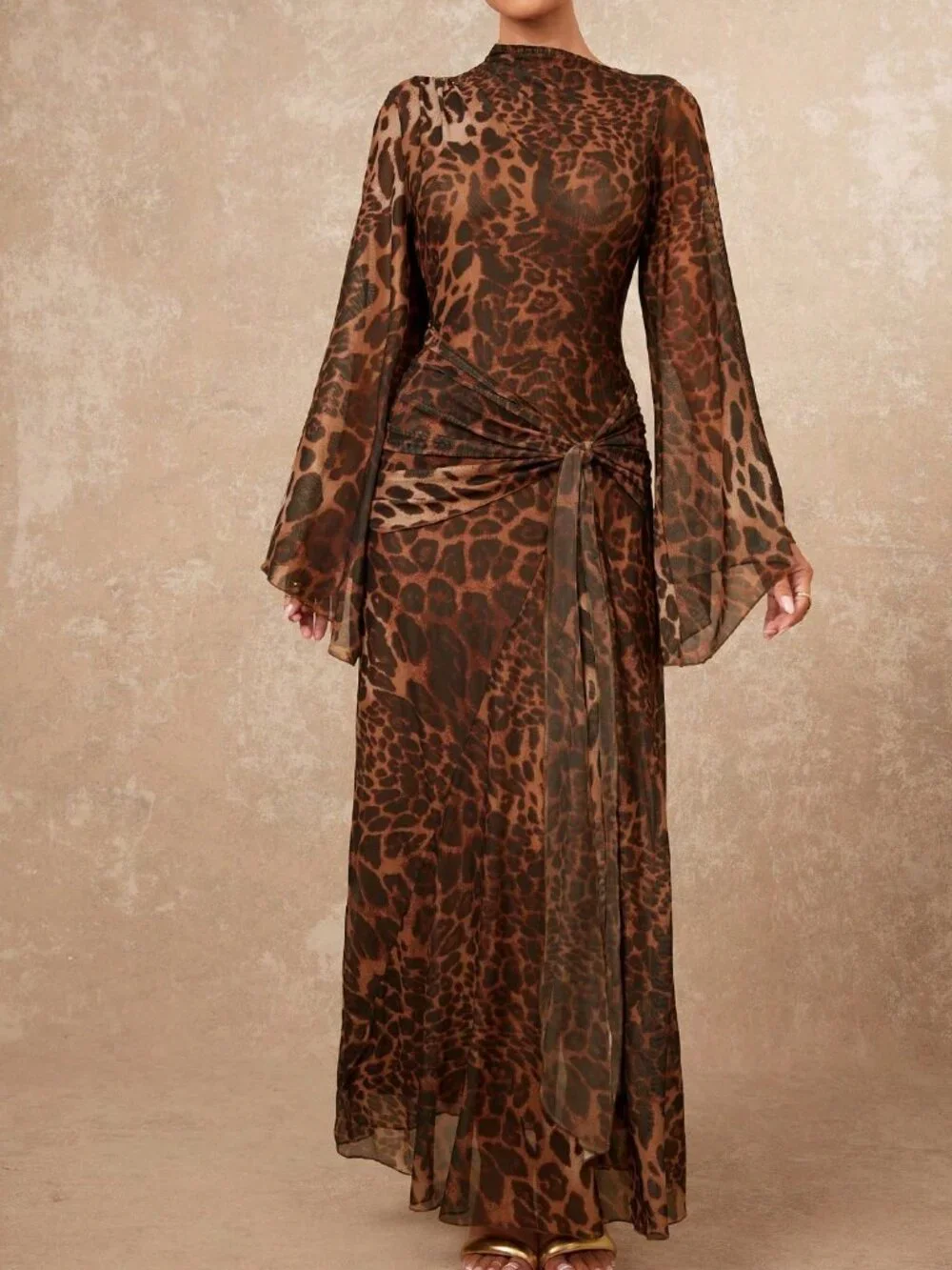 Coffee Brown Elegant Women's Leopard Print Oversized Sheer Tie-Up Maxi Dress - Picture 5 of 6